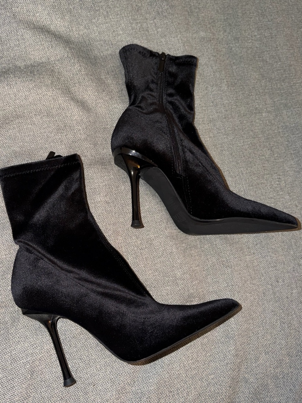 Zara Black Pointed Stiletto Sock Ankle Boots velour velvet